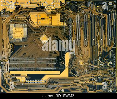 Electronic circuitsat backside of personal computer mainboard Stock Photo