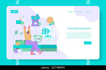 Vector illustration of a person interacting with a friendly robot assistant in a morning routine. The scene features a coffee machine and clock, emphasizing time optimization and efficiency. Stock Vector