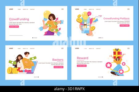 Set of vector illustrations showcasing crowdfunding, investment, and reward concepts with diverse characters exchanging money and ideas. Ideal for financial technology themes. Stock Vector