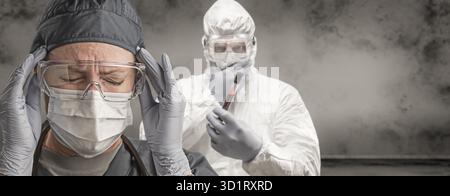 Female and Male Doctors or Nurses Wearing Scrubs and Protective Mask and Goggles Banner Stock Photo