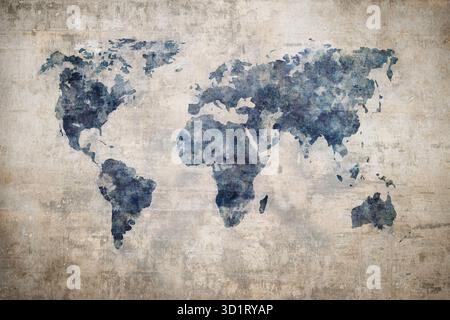 Grunge world map on vintage paper background in watercolour style. Stock Photo