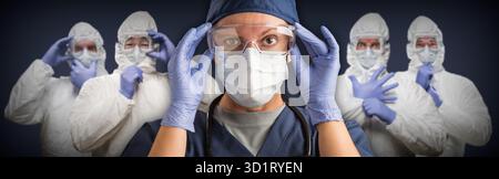 Team of Female and Male Doctors or Nurses Wearing Protective Medical Face Masks and Goggles Banner Stock Photo