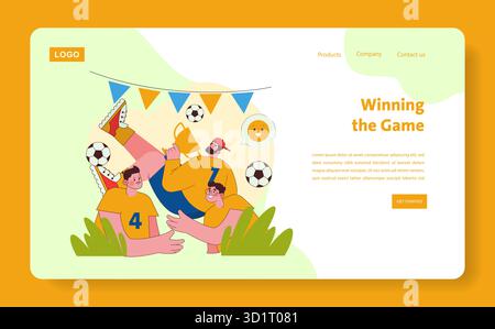 Soccer team celebrating a tournament victory with a golden trophy. Players are lifted in joy, surrounded by soccer balls and festive banners. Bright and cheerful vector illustration. Stock Vector