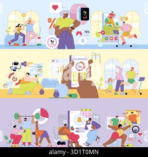 This vector illustration showcases diverse fitness activities and health tracking. It features individuals exercising and monitoring progress with smart devices, emphasizing health and motivation. Stock Vector