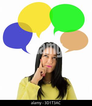 Thinking woman with many colorful chart bubbles on white background Stock Photo