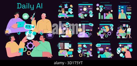 Vector illustration showcasing daily AI integration. Scenes include AI scheduling, home automation, learning with chatbots, and lifestyle personalization, reflecting modern technology use. Stock Vector