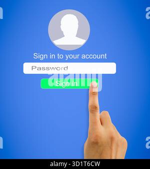 hand entering the correct password for internet connection to access user profile. All screen content is designed by us and not copyrighted by others Stock Photo
