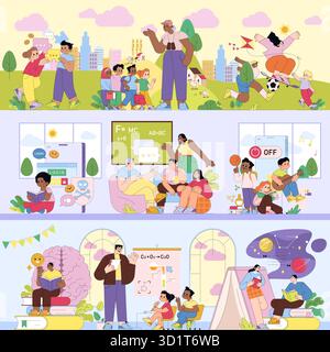Vector illustration showcasing diverse people engaging in outdoor sports, group discussions, and educational sessions in a vibrant park setting. Emphasis on social interaction and teamwork. Stock Vector