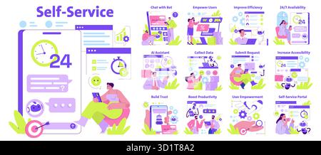 Vector illustration showcasing the concept of self-service portals with individuals engaging with AI features for improved efficiency and productivity. Includes various digital interactions and data collection. Stock Vector