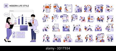 Collection of vector illustrations depicting diverse modern lifestyle scenarios. Features people interacting with technology in various settings, showcasing collaboration, communication, and daily activities. Stock Vector