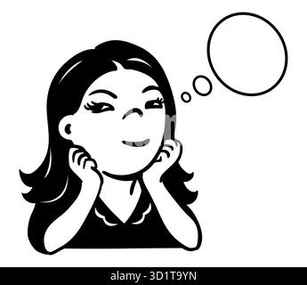 Black and white hand drawn vector of a smiling woman with a thought bubble. Simple outline illustration suitable for concept, idea, imagination, logo, Stock Vector