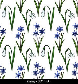 A charming vector pattern featuring delicate snowdrops and vibrant blue scilla flowers, arranged on a clean white background for a fresh, spring aesth Stock Vector