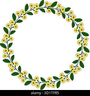 A delicate vector wreath of yellow primrose flowers and green leaves, forming a circular frame with a white background. Stock Vector