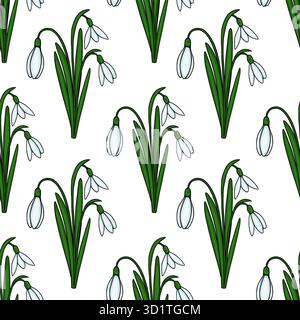 Seamless vector pattern of delicate white snowdrop flowers with green stems and leaves on a white background, evoking early spring freshness and natur Stock Vector