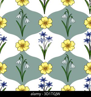 Seamless vector pattern featuring delicate spring flowers like snowdrops and scilla on a soft grey and white background. Stock Vector