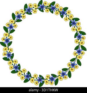 Delicate vector wreath of yellow primrose and blue scilla flowers with green leaves, forming a circular frame for design elements. Stock Vector