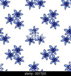 Seamless vector pattern of delicate blue scilla star-shaped flowers with black centers, set against a clean white background, evoking a sense of simpl Stock Vector