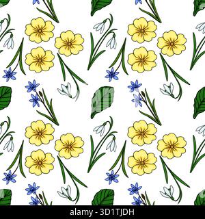 Seamless vector pattern of cheerful yellow primroses, delicate white snowdrops, and vibrant blue scilla flowers with lush green leaves, evoking a fres Stock Vector