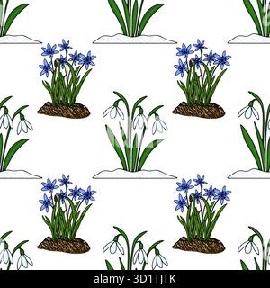 Seamless vector pattern of blooming snowdrops and blue scilla flowers emerging from the snow, representing early spring awakening. Stock Vector