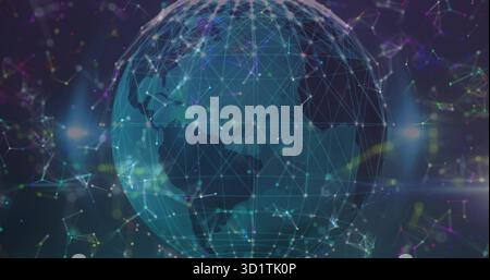 Spinning digital Earth globe hovering in virtual data network space, with glowing mesh and nodes Stock Photo