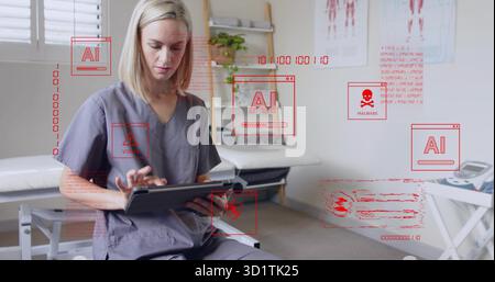 Interacting mid adult nurse wearing grey scrubs using tablet in therapy room, with AR overlay Stock Photo