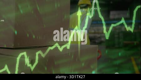 Displaying cardboard boxes left, with worker moving pallet jack under green line chart, copy space Stock Photo