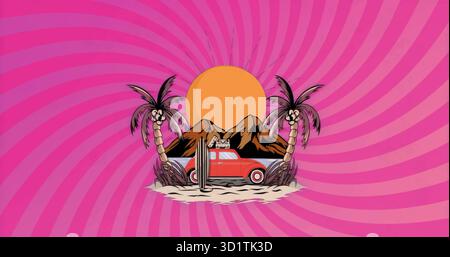 Displaying vintage red car resting on beach, with surfboard, suitcase, palms, mountains and sun Stock Photo