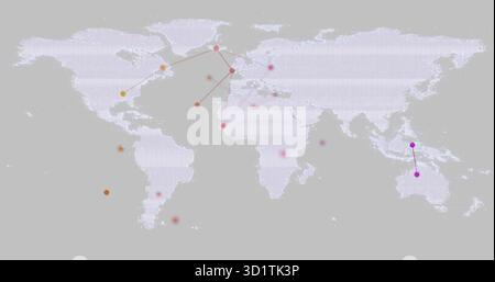 Displaying pixelated world map on grey backdrop showing orange red purple dots and linking lines Stock Photo