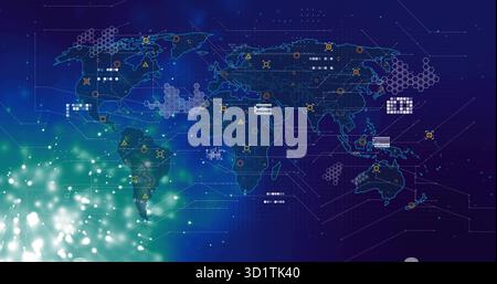 Displaying glowing digital world map projecting network icons and hex patterns on blue dashboard Stock Photo