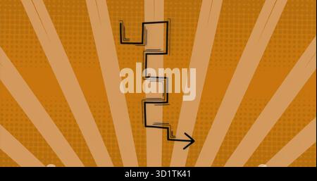 Pointing black zigzag arrow descending then turning right on orange radial backdrop, with halftone Stock Photo