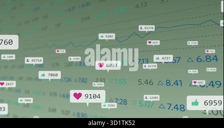 Showing metric icons hovering over green line chart on screen with heart thumbs-up user icon counts Stock Photo