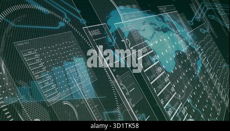 Displaying dashboard over dark grid, showing layered translucent panels and currency tables Stock Photo
