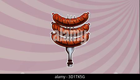 Skewering three grilled sausages on metal fork in graphic design pastel spiral backdrop Stock Photo