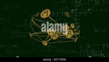Showing spherical network glowing over green field, with yellow lines, nodes and math formulas Stock Photo