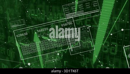 Presenting data grid in cyberspace with translucent panels numeric values line charts dotted nodes Stock Photo