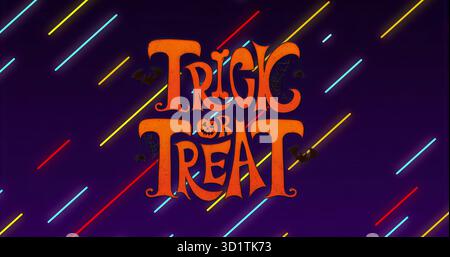 Presenting stylized Trick or Treat over purple gradient showing neon stripes and Halloween motifs Stock Photo