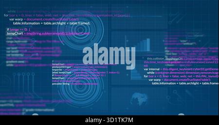 Displaying radar UI on futuristic dashboard grid, with floating code snippets, bar chart, map icon Stock Photo