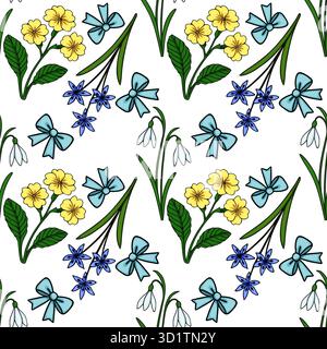 Charming vector pattern featuring delicate spring flowers, blue bows, and snowdrops on a white background. Stock Vector