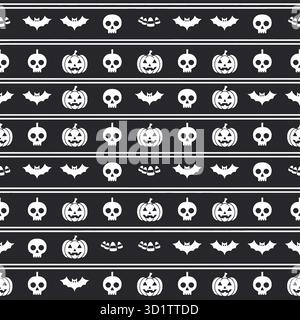 Black and white halloween pattern with pumpkin bat skull and candy corn for spooky season decorations Stock Vector