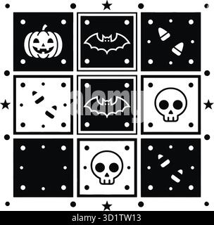 Black and white halloween pattern with pumpkin bat skull and candy corn for spooky season decorations Stock Vector