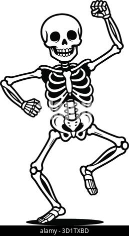 Cartoon skeleton dancing with raised arms and bent leg in playful pose for Halloween or Day of the Dead Stock Vector