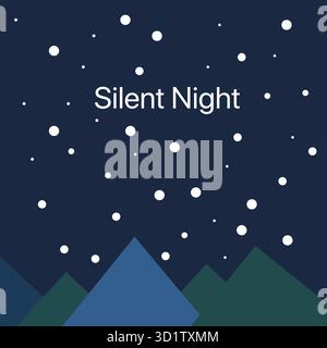 Silent Night winter scene with falling snow and geometric mountains under a dark blue sky Stock Vector