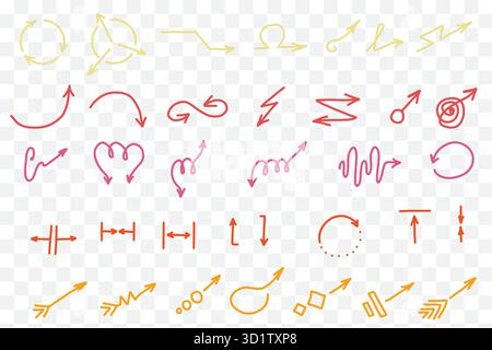 Stylized arrows in grid layout with varied shapes and colors on transparent background for design use Stock Vector