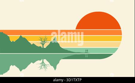 An island and people are seen in front of a graphic sunset image in a vector image. Stock Vector