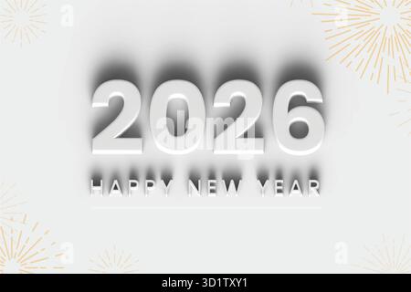 Happy New Year 2026 greeting with bold white 3D text and golden fireworks on light background Stock Vector