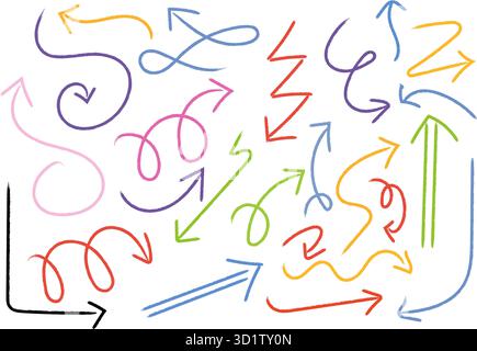Colorful hand-drawn arrows in various styles and directions for design and educational use Stock Vector