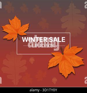 Winter Sale Background with Autumn Leaves and Discount Text Stock Vector