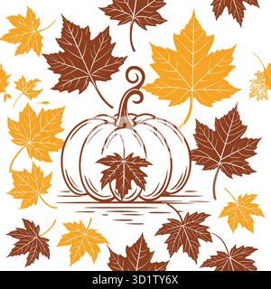 Fall harvest pumpkin and maple leaves illustration for autumn thanksgiving designs and backgrounds Stock Vector