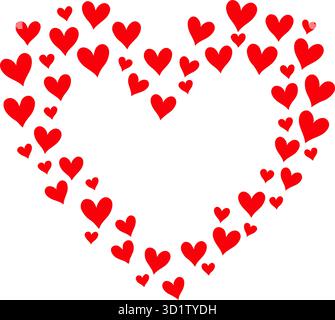 Red hearts of various sizes forming a large heart shape on a white background, symbolizing love and romance. Valentine's day illustration. Stock Vector
