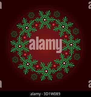 Christmas wreath with green snowflakes and red stars – festive circular design on dark red background Stock Vector
